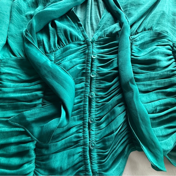 Free People Meet Me There Ruched Tie Neck Blouse Green M Cottagecore Coquette - Picture 9 of 9